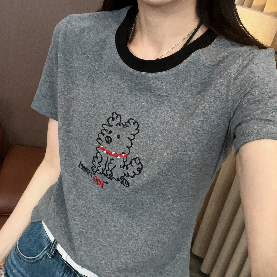 DHR COLLECTTIONS豆豆7【小狗t】夏季刺绣图案短袖T恤女-DX1191