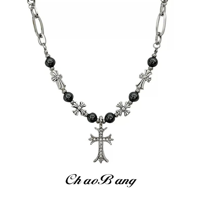钛钢项链 十字花串珠拼接项链个性百搭配饰冷淡风高级感百搭饰品