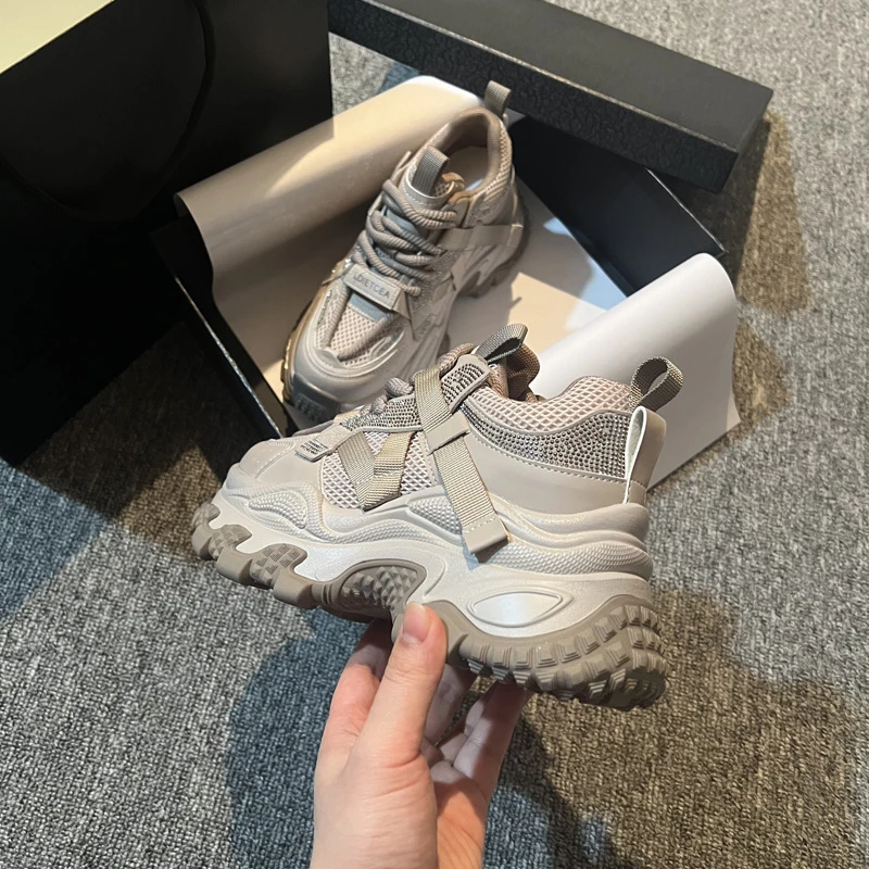 2025春新款女鞋松糕厚底低帮老爹鞋小个子增高百搭系带休闲运动鞋