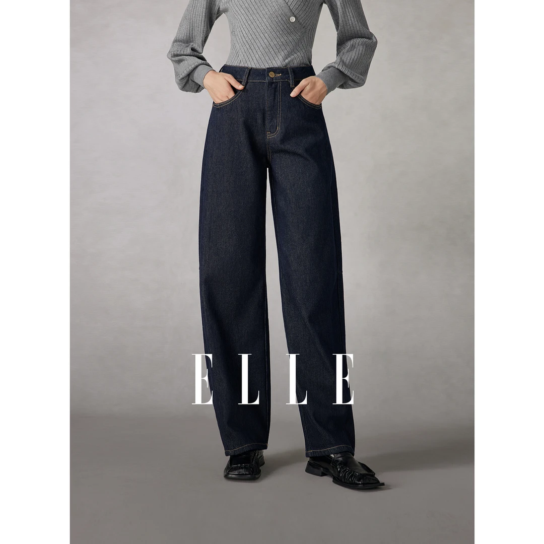 ELLE女装复古通勤牛仔裤子25冬新款高腰小个子直筒长裤EQ53463
