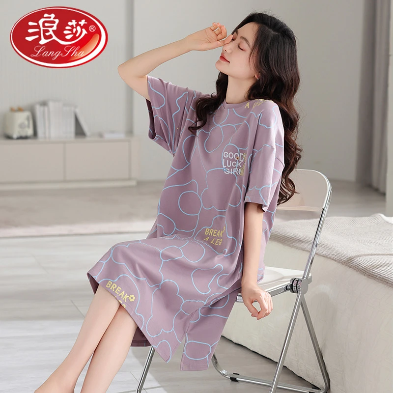 浪莎卡通睡衣女款纯棉短袖睡裙女夏季大码宽松可爱孕妇家居服薄款