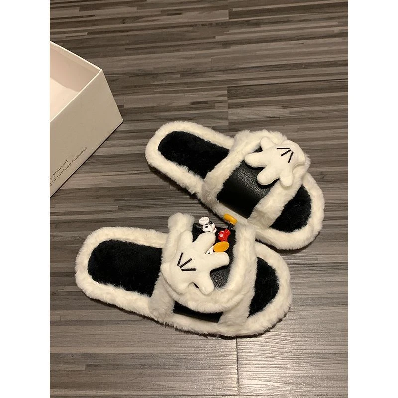 可爱卡通老鼠手套露趾毛毛拖鞋女2025秋冬新款拼接一字棉拖鞋潮鞋