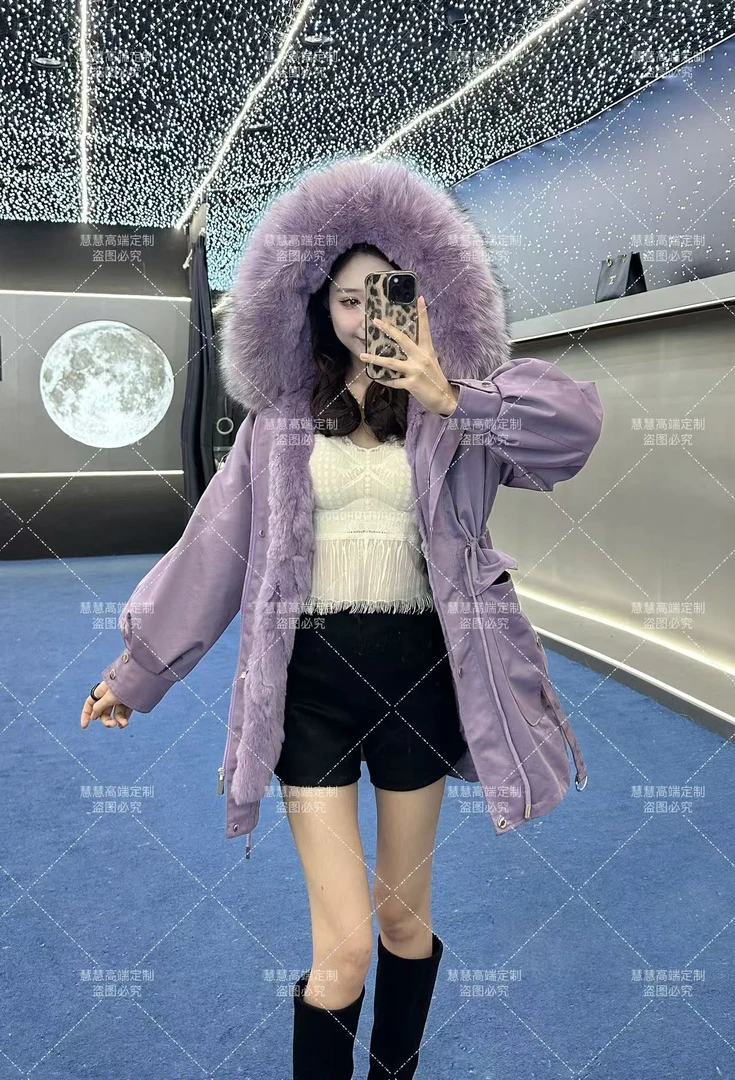 慧慧【朝霞獭兔】8282 派克服女士秋冬中长款连帽时尚大气百搭风衣