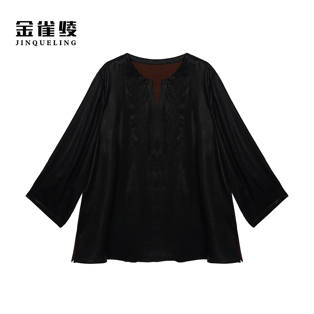 金雀绫【水调歌头】桑蚕丝香云纱设计款刺绣大码女装衬衫SZA1S171