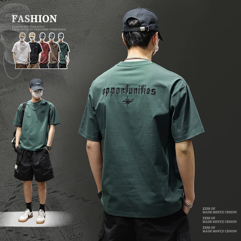 真维斯秋季美式刺绣重磅休闲圆领短袖T恤男士潮牌百搭男装上衣服