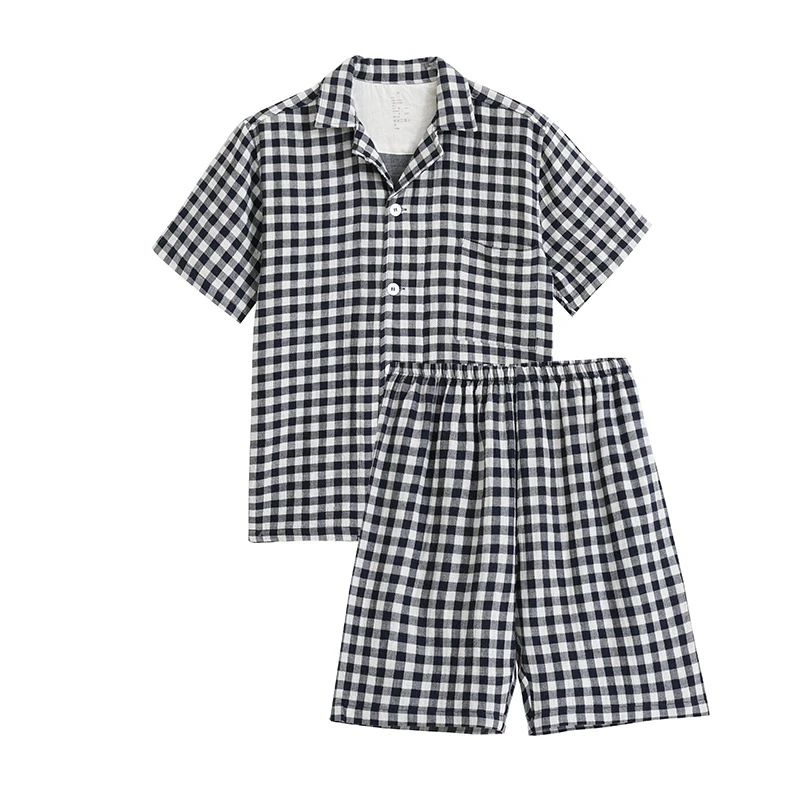 男士新款日式双层纱水洗全棉小格子短袖短裤睡衣纯棉短袖家居服