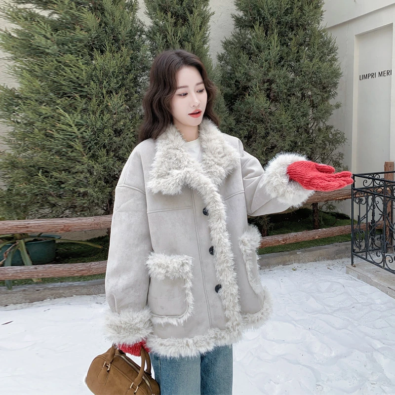 甜酷羊羔毛皮毛一体外套2025冬季新款复古ins风保暖加厚韩版棉衣