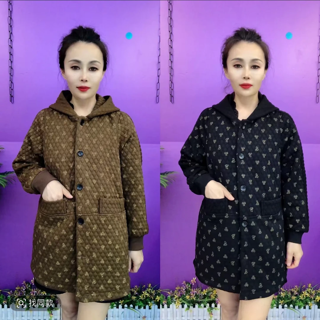 女士有里衬中长款带帽厚春秋季时尚休闲印花外套