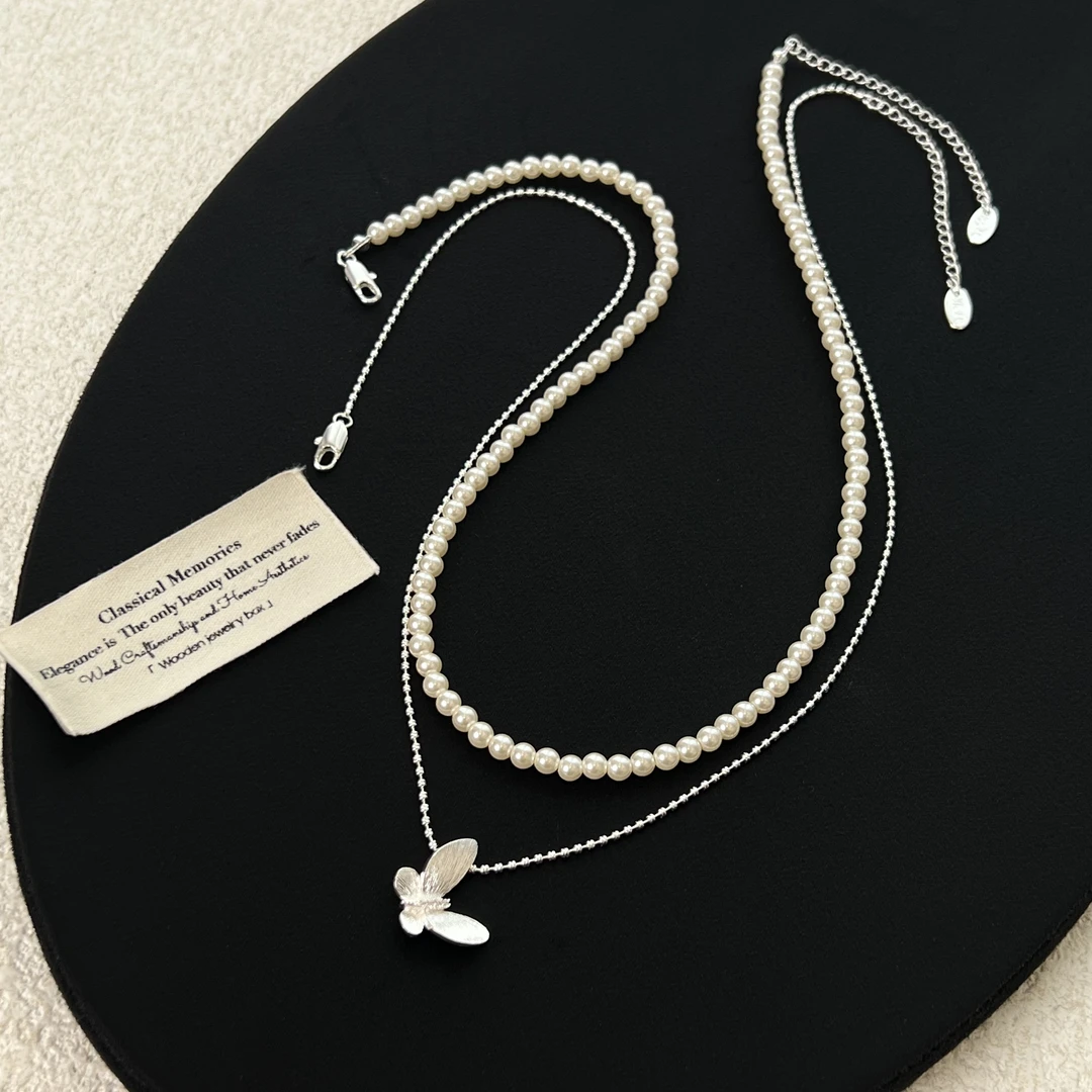 铜合金锆石项链 【银白拉丝】蝴蝶双层多戴款项链1383