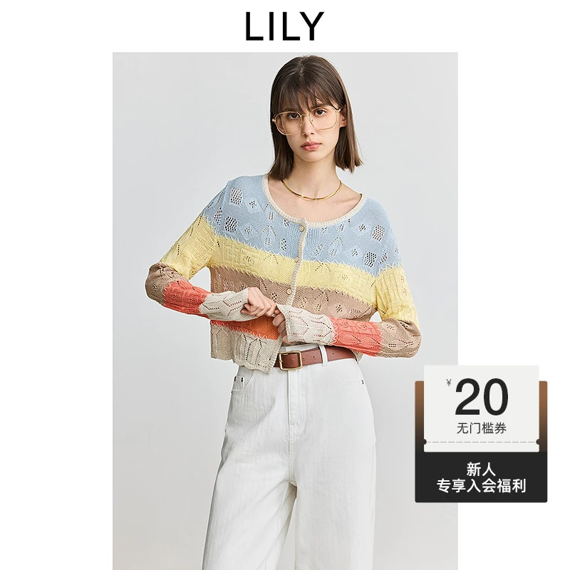 LILY2025春新款女装含莱赛尔彩色条纹镂空针织开衫女125129TC920
