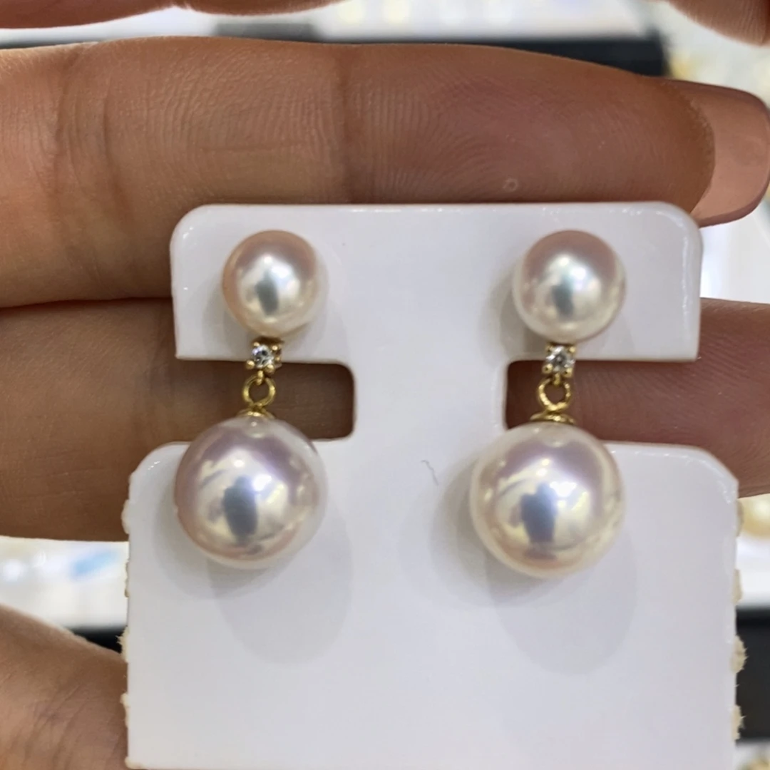 耳饰18K金镶嵌淡水珍珠上面小珠海水