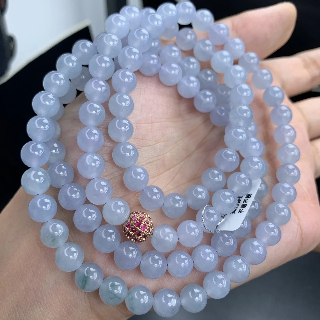 四会缅甸A货翡翠紫翡圆珠项链 T卡7mm/760mm