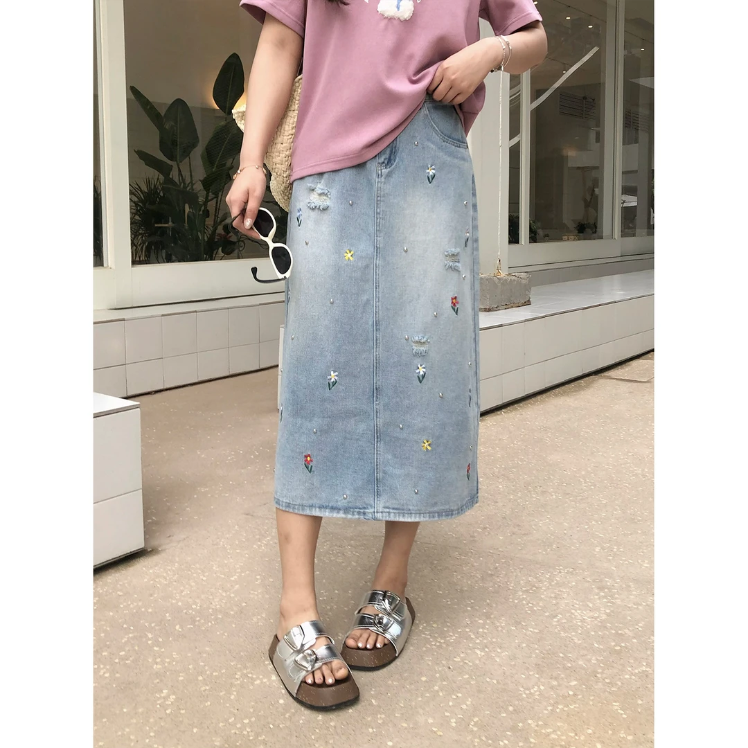 裂渡念念【】微胖大码女装夏季百搭刺绣A字半身裙ZY504P08