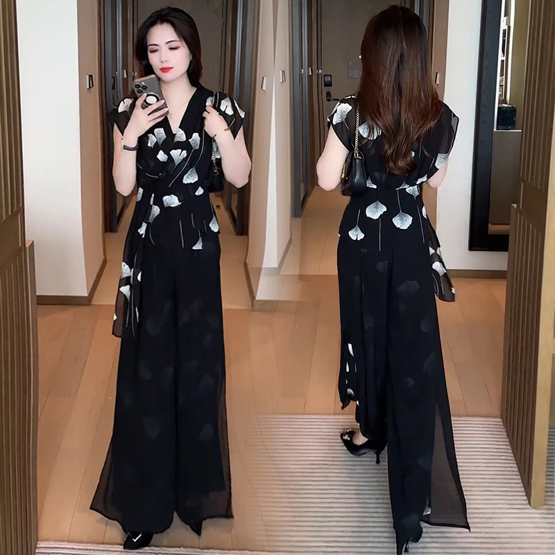 时尚洋气雪纺套装女2025夏季新款时髦显瘦V领上衣阔腿裤两件套潮