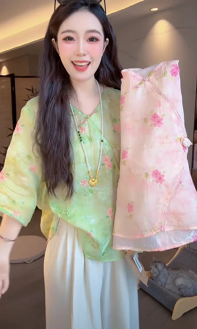 夏季新款复古中国风文艺百搭麻感女士衬衫粉色绿色