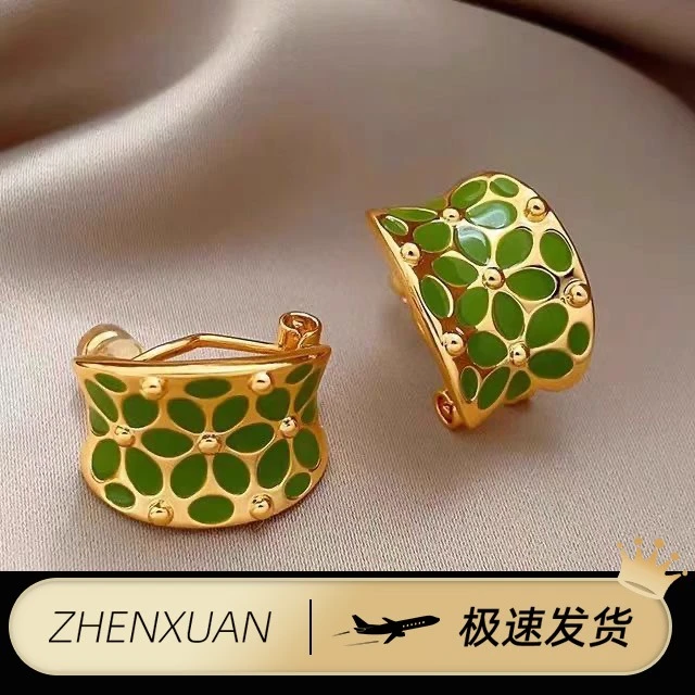 绿色花朵C形耳环2025新款爆款高级感精致耳钉耳坠女时尚气质耳饰