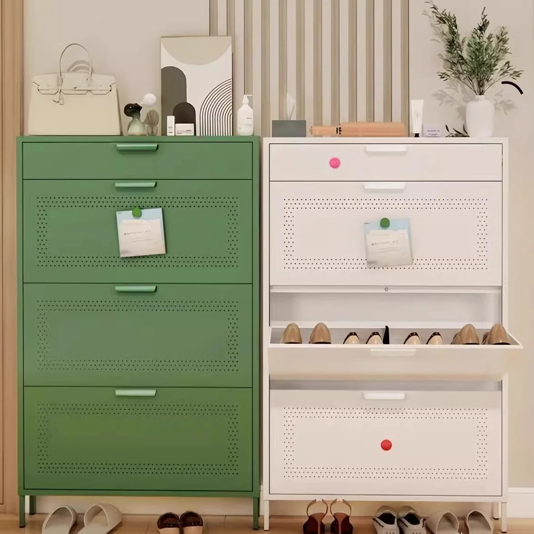 全钢制超薄超窄拉手翻斗鞋柜多层玄关入户ins新中式