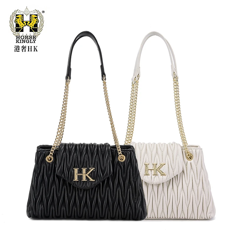 HorseKingly春秋新款女士单肩包时尚褶皱绣线女包1078新款托特包
