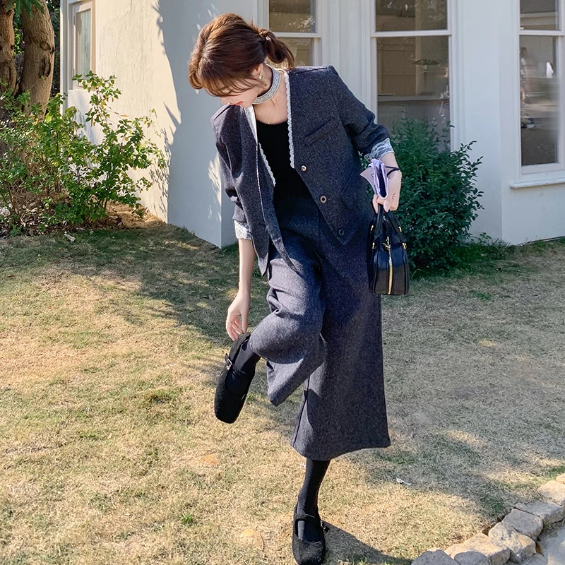 蕾丝拼接小香风西装套装女春秋2025新款法式阔腿裤两件套爆款流行