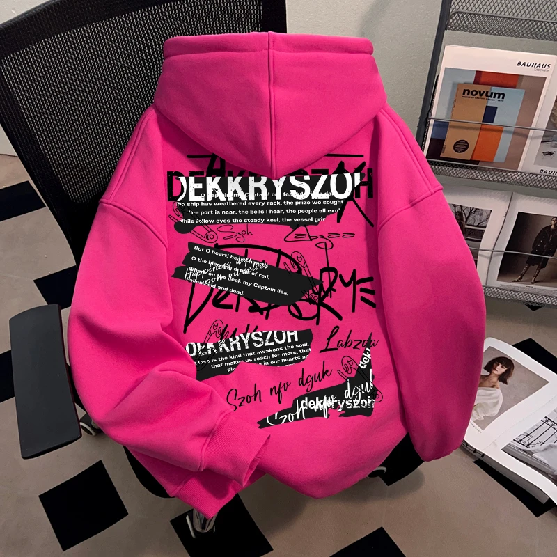 Dekkry潮流高街英文印花秋冬火龙果色套头连帽卫衣男女情侣装上衣