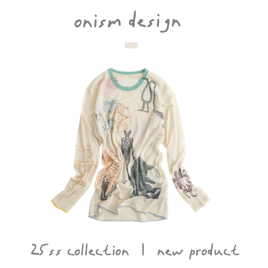 “万物生”撞色定印彩绘图腾羊毛微透长袖防晒针织衫慵懒轻薄上衣