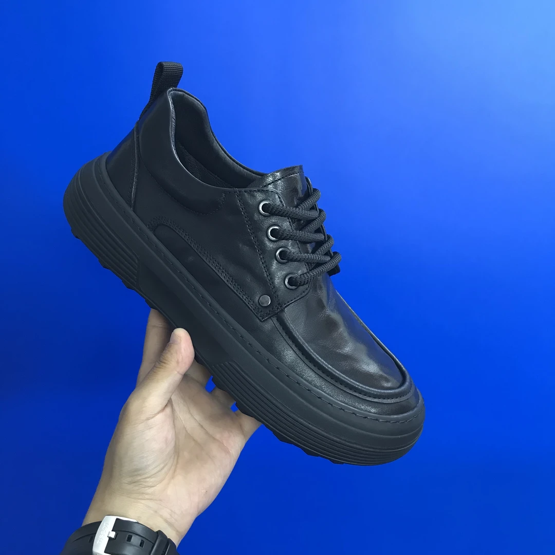 2025秋季新款欧洲站胶粘前系带圆头厚底男士黑色系带休闲皮鞋男鞋