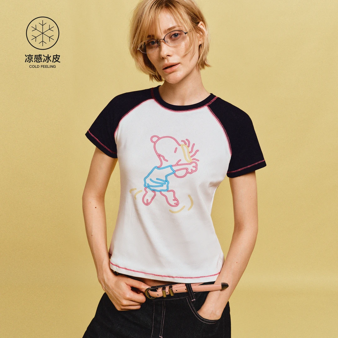 PCLP×SNOOPY联名运动史努比撞色哈苏线插肩T恤