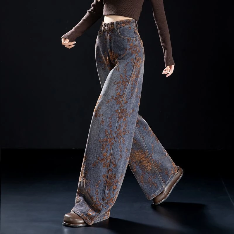 加厚植绒雪尼尔牛仔裤女2025新款秋冬版型好看裤子棕色提花阔腿裤