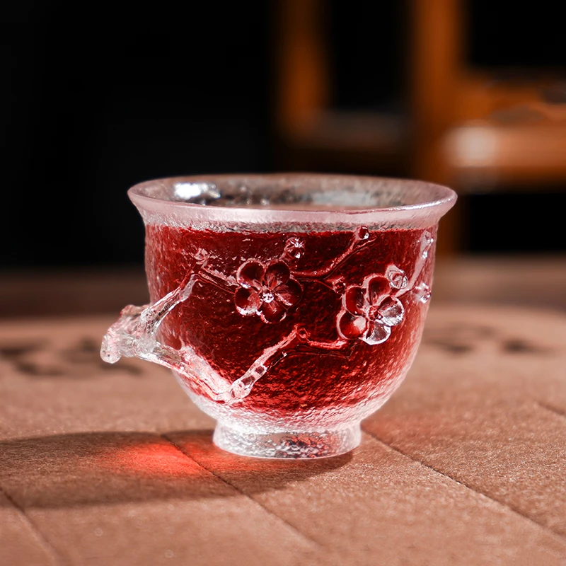 璃某某高档腊梅水晶杯大号纯手工耐热琉璃喝茶公道杯刻绘失蜡法
