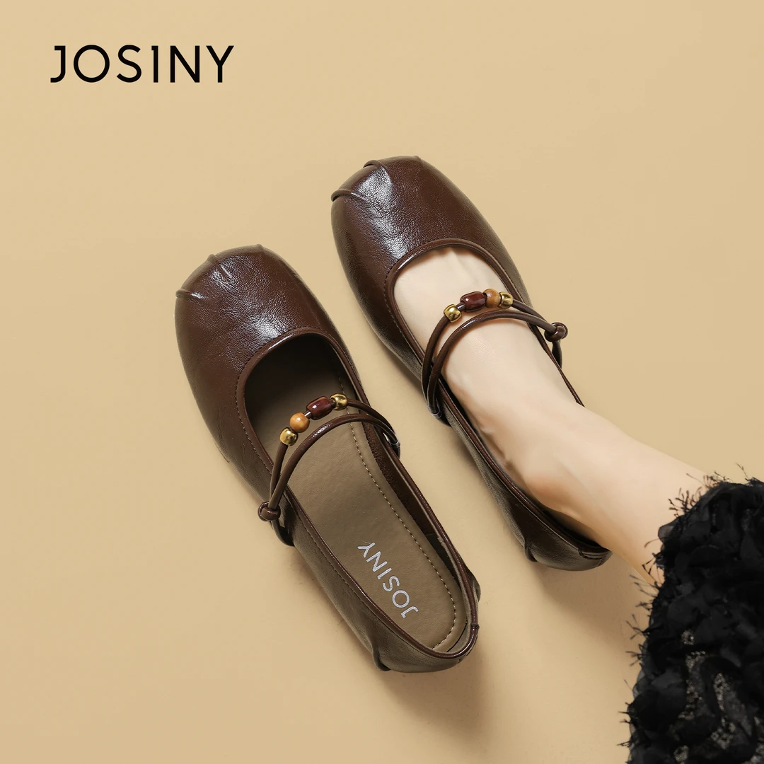 卓诗尼方头褶皱串珠单鞋女2025夏季新款气质轻奢低跟浅口玛丽珍鞋