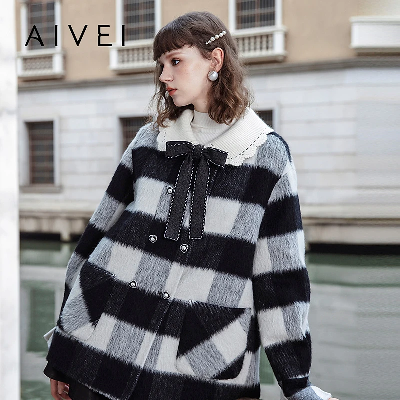 AIVEI欣贺艾薇冬气质感羊驼毛混纺黑白格双面呢大衣R767301A