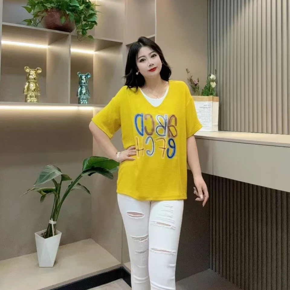 夏季半袖-双 70532 时尚休闲涂鸦彩色字母假两件胖MM大码女装新款