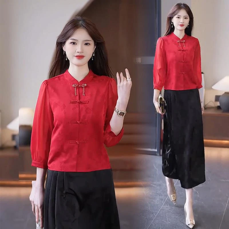 新中式国风盘扣衬衫女2025春季新款复古高级感气质显瘦七分袖上衣