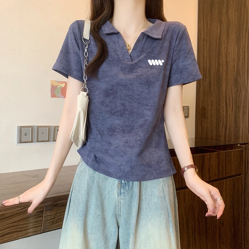 美式扎染POLO领短袖T恤女夏2025新款设计感翻领正肩体恤洋气上衣