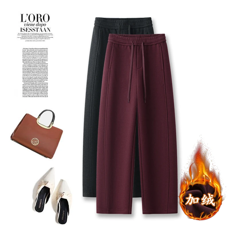 拉夏贝尔毛呢弯刀裤女2024秋冬季加绒加厚卫裤休闲松紧高腰香蕉裤