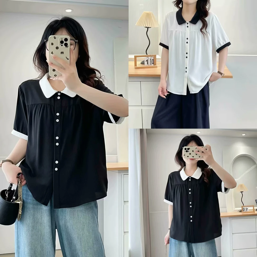 YN8440短袖透气娃娃领雪纺衫大码女装拼色衬衫单排多扣开衫百搭夏