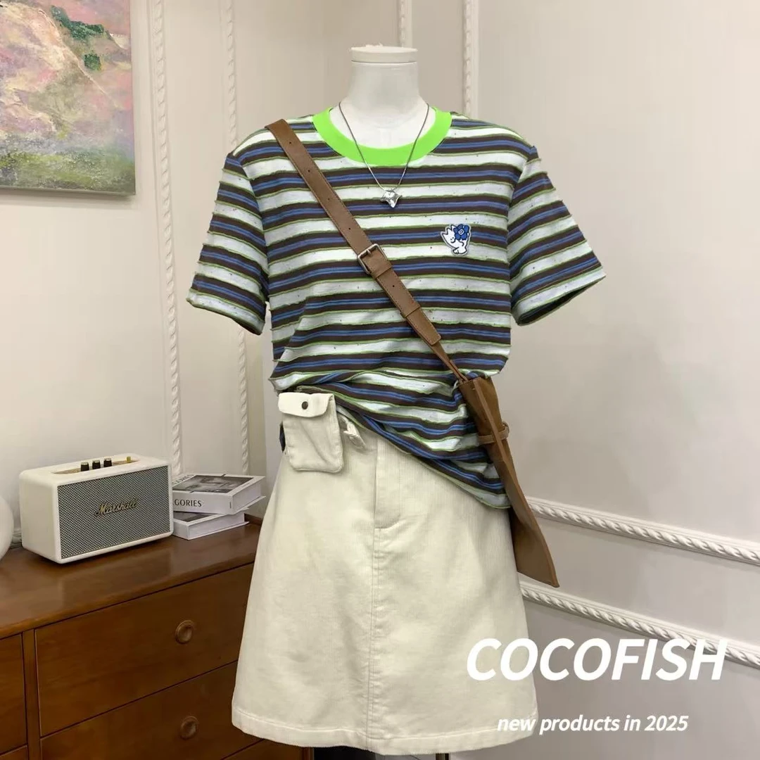 小众设计感圆领撞色条纹短袖T恤#88206