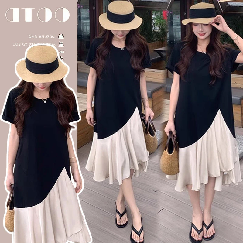 2025孕妇新款撞色拼接假两件连衣裙夏胖mm宽松显瘦中长款T恤裙