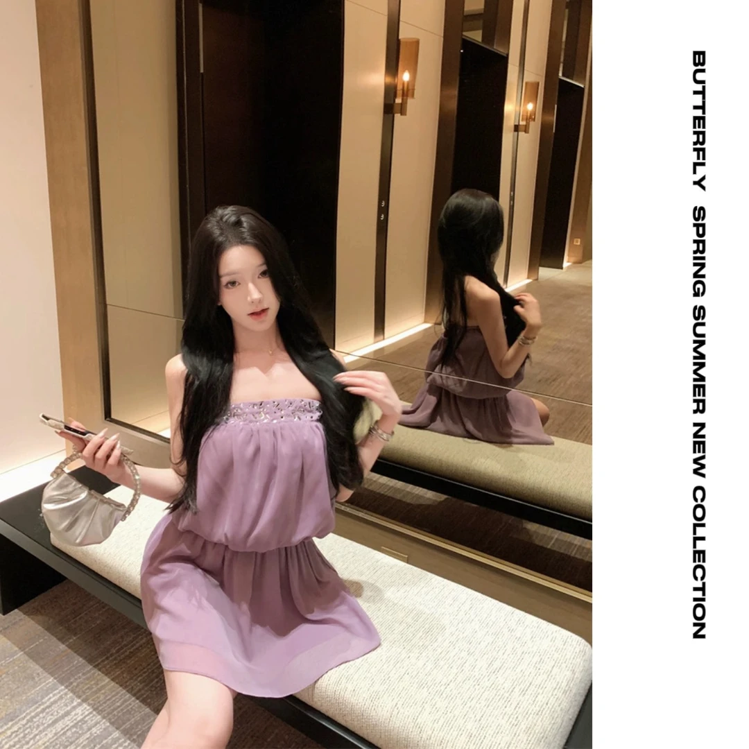 Fancycharm 紫色镶钻抹胸连衣裙甜美气质设计感修身显瘦短裙