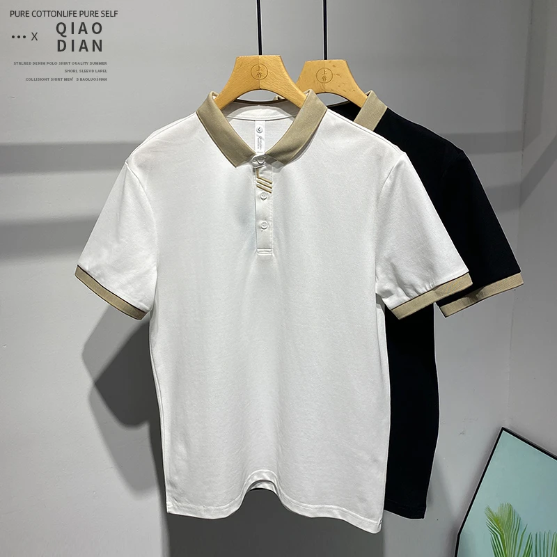 韩版轻奢时尚个性潮流舒适宽松翻领上衣春夏休闲商务短袖Polo衫男