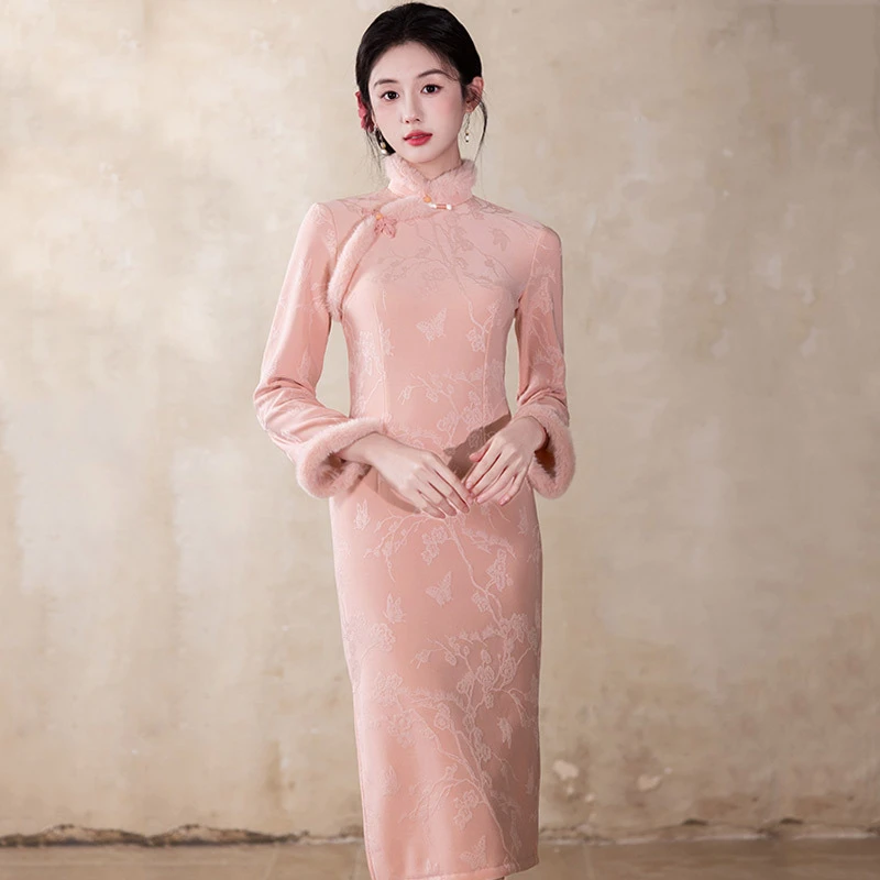 粉色加绒加厚冬装国风中式长袖改良旗袍2025新款年轻款女复古冬季