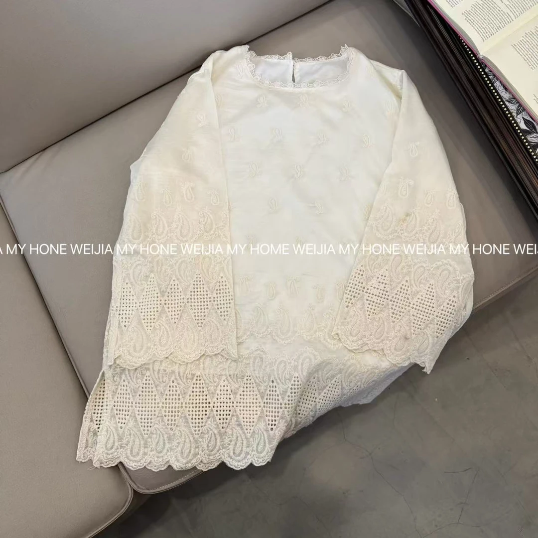 【WJ】春款 6805 圆领精致刺绣蕾丝拼接上衣（3-6）