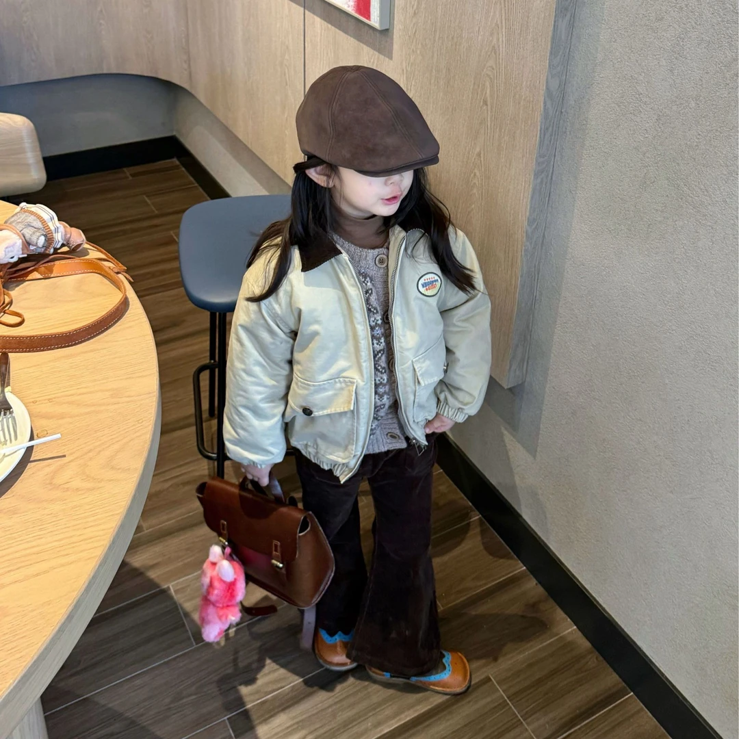 壹妈童装女童秋冬新款时尚卡其色保暖夹克外套休闲碎花开衫微喇裤