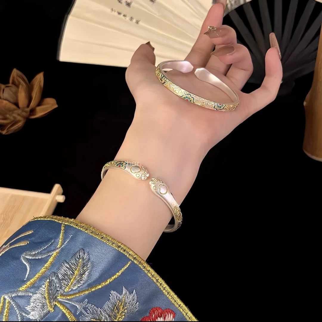 足银手镯 50号 唐草纹宝相花平安喜乐开口实心足银手镯