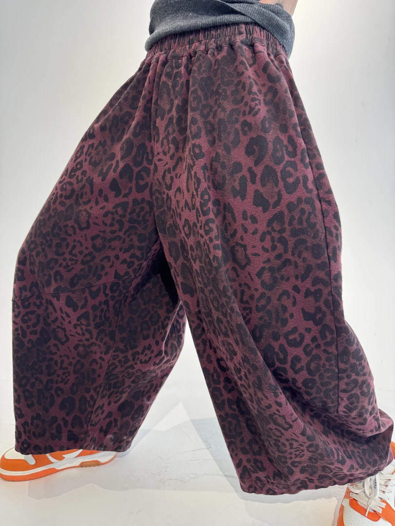 韩国豹纹休闲裤宽松极简万能腰