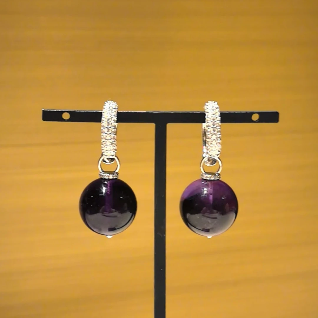 【怀金垂紫】天然紫水晶圆珠耳钉S925银镶嵌 15-16MM/S53219
