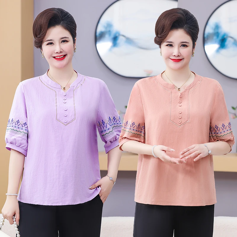 130-特大码胖妈妈夏季重工刺绣上衣胖妈妈加肥加大妈妈短袖洋气