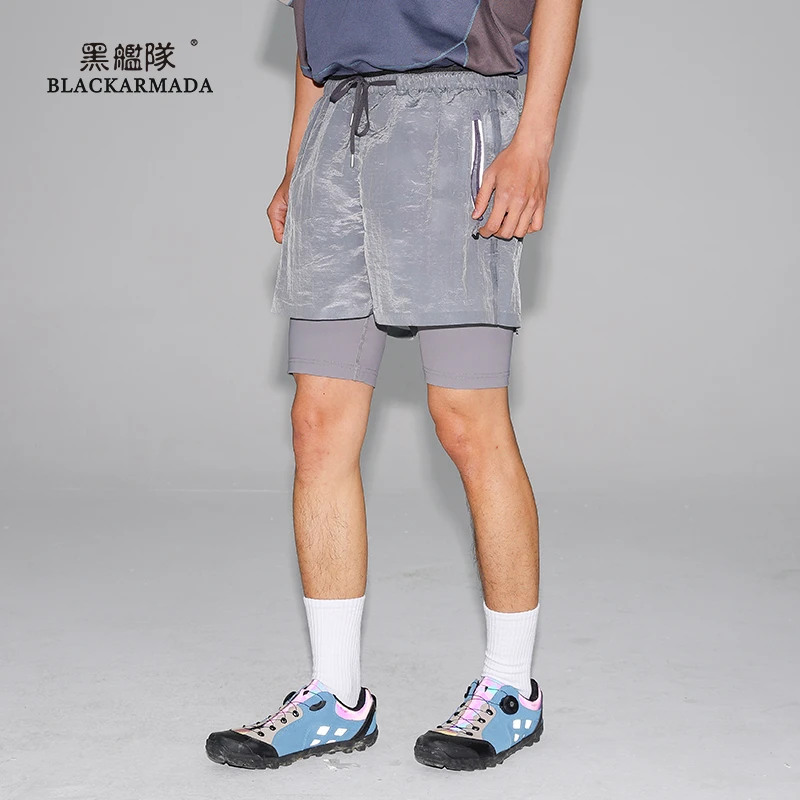 黑舰队户外机能二合一跑步裤反光条吸湿排汗休闲运动短裤DKS5051