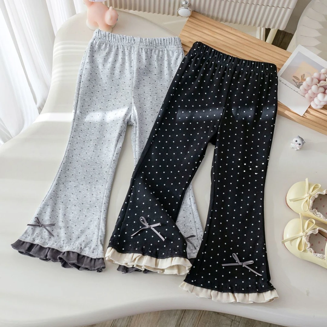 女童春秋休闲裤韩版蝴蝶结花边喇叭裤洋气百搭波点阔腿裤秋季长裤