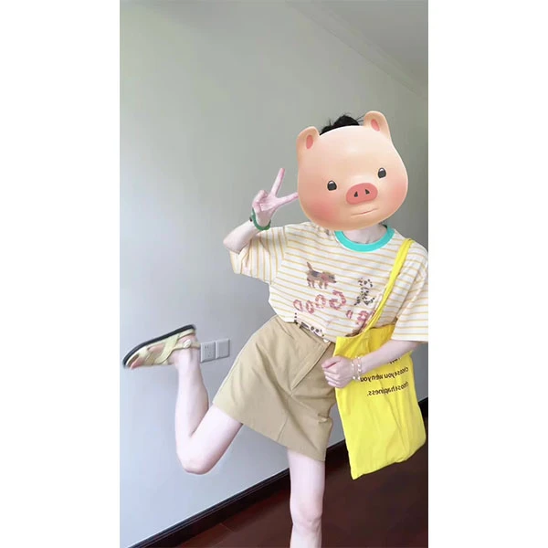 韩系卡通印花条纹短袖T恤女夏季新款慵懒风宽松显瘦上衣+裙子套装
